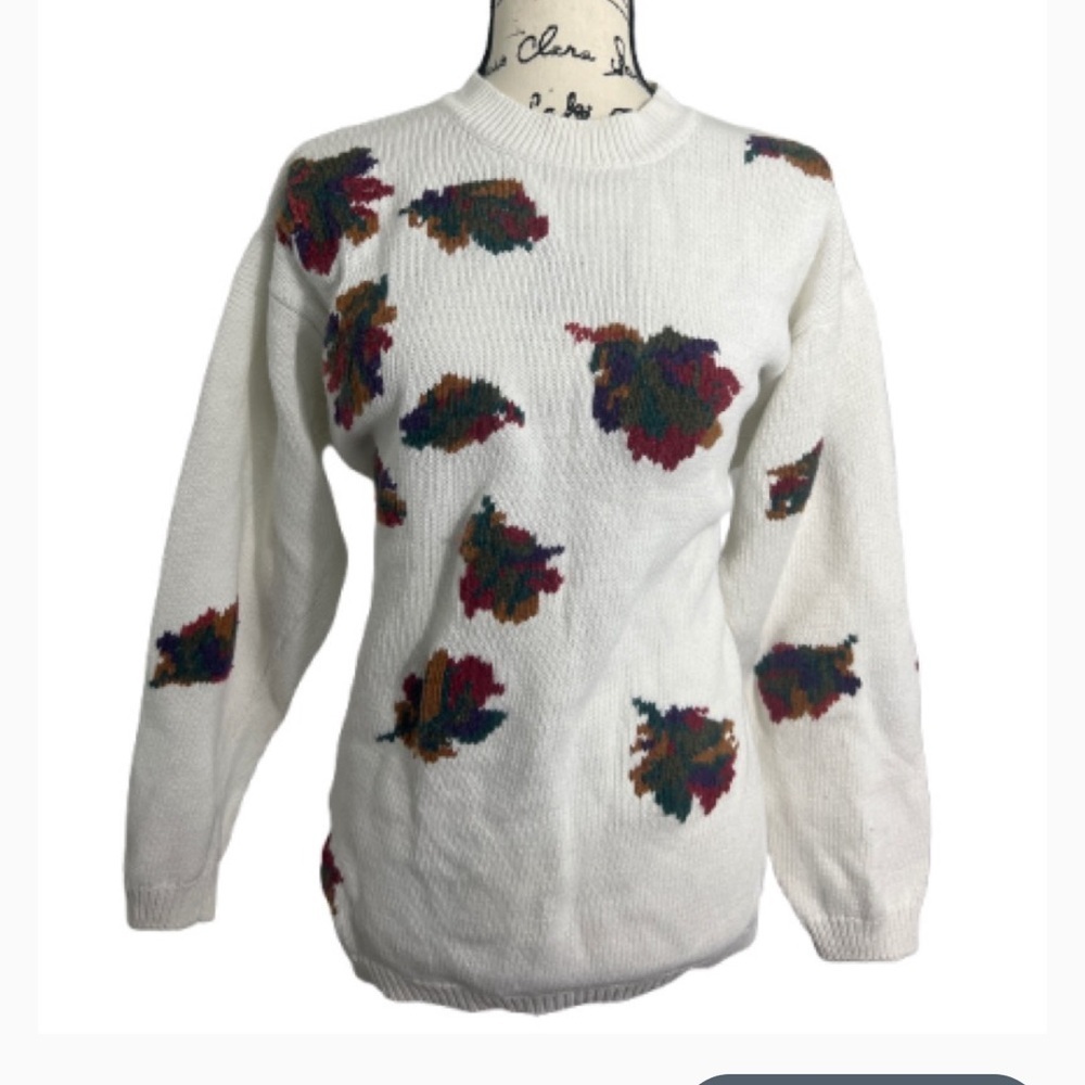 Milano Women's Crew Neck Sweater -‎ White with Multicolor Leaf Pattern